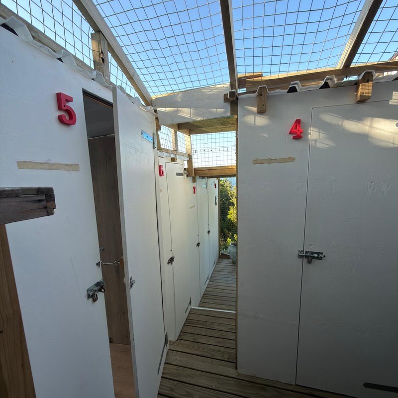 Numbered cabin doors along the enclosed run at Cape Cat Hotel